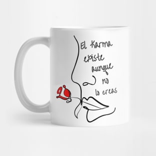 Phrase in Spanish: Karma exists N.2. Abstract and linear face of a woman in black biting a red rose. Mug